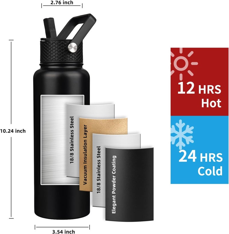 YONICOER Insulated Water Bottle 40oz,Triple Wall Vacuum Stainless Steel(Dishwasher Safe),Leak Proof & Non-BPA,Flask Jug with Paracord Handle & Straw Spout Lids Sports Black - Image 2